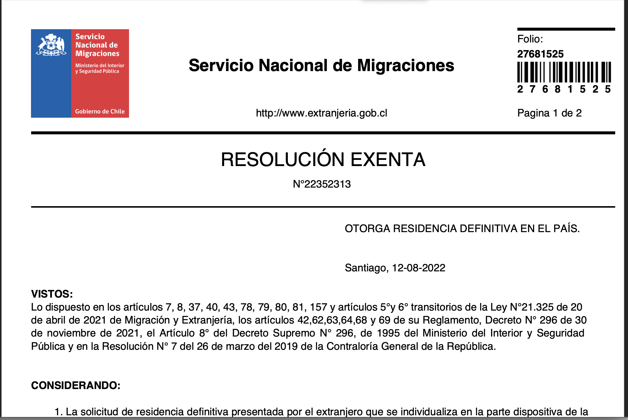 resolución permanencia definitiva