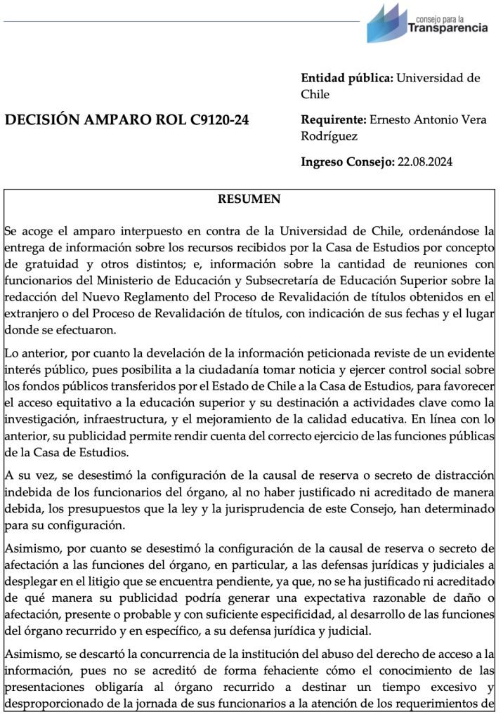 Decisión del Consejo para la Transparencia contra Universidad de Chile