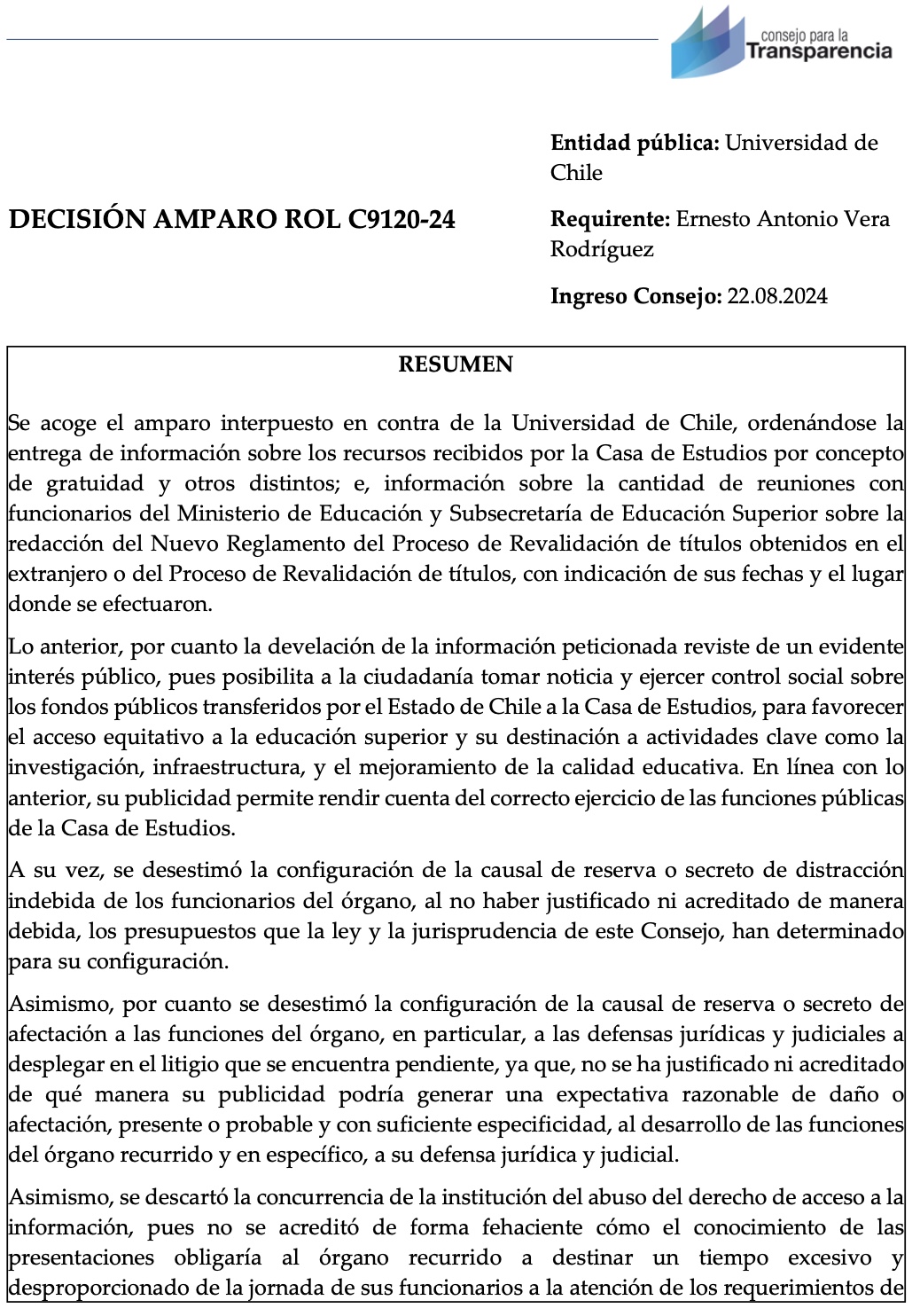 Decisión del Consejo para la Transparencia contra Universidad de Chile